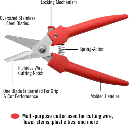 Clauss Spring-Action Stainless Steel Wire Cutters / Pruning Shears For Gardening, Red, 7.5’’ (33503)