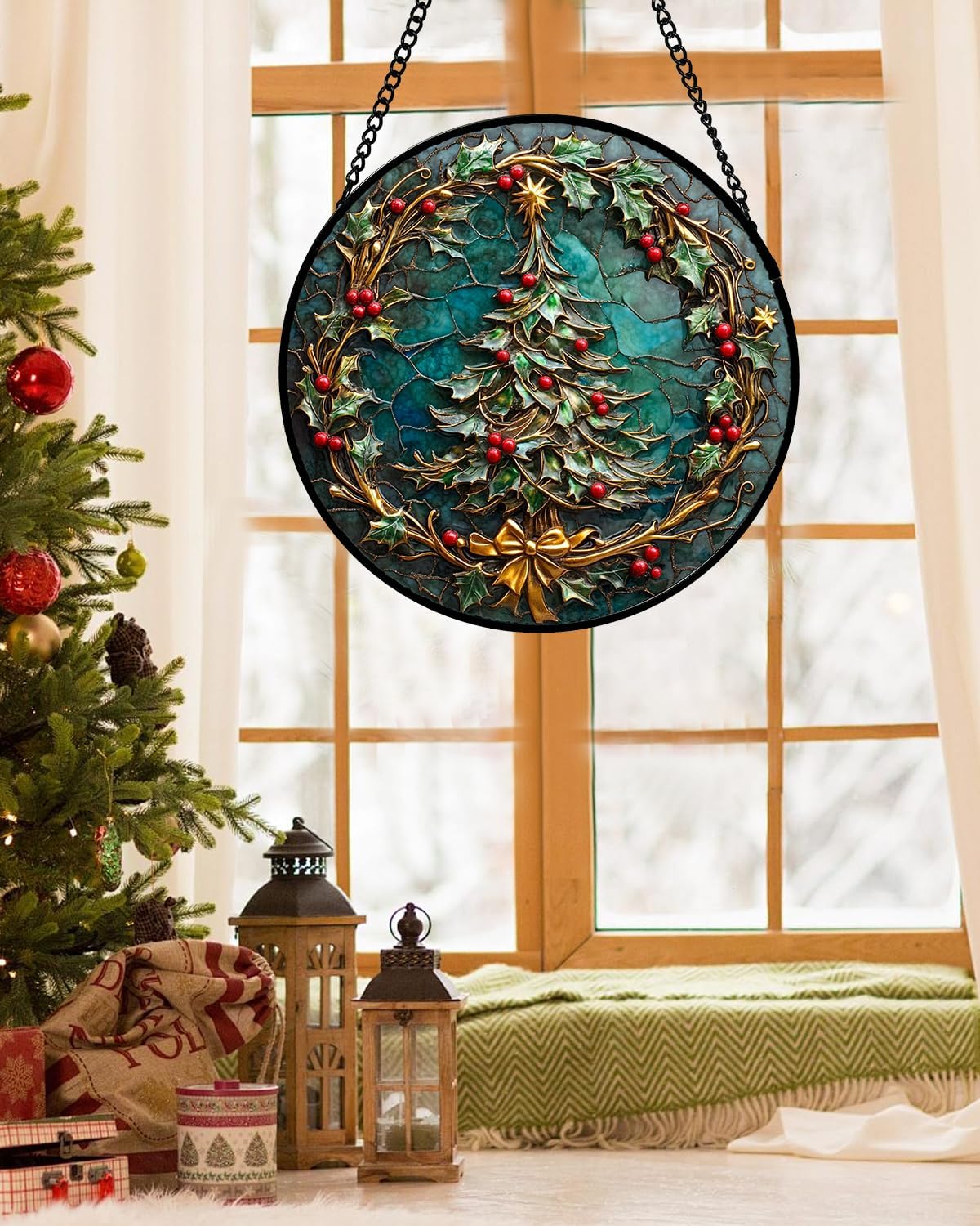 Stained Glass Window Hangings - Red Gold Green Wreath Suncatcher for Door Home Christmas Tree