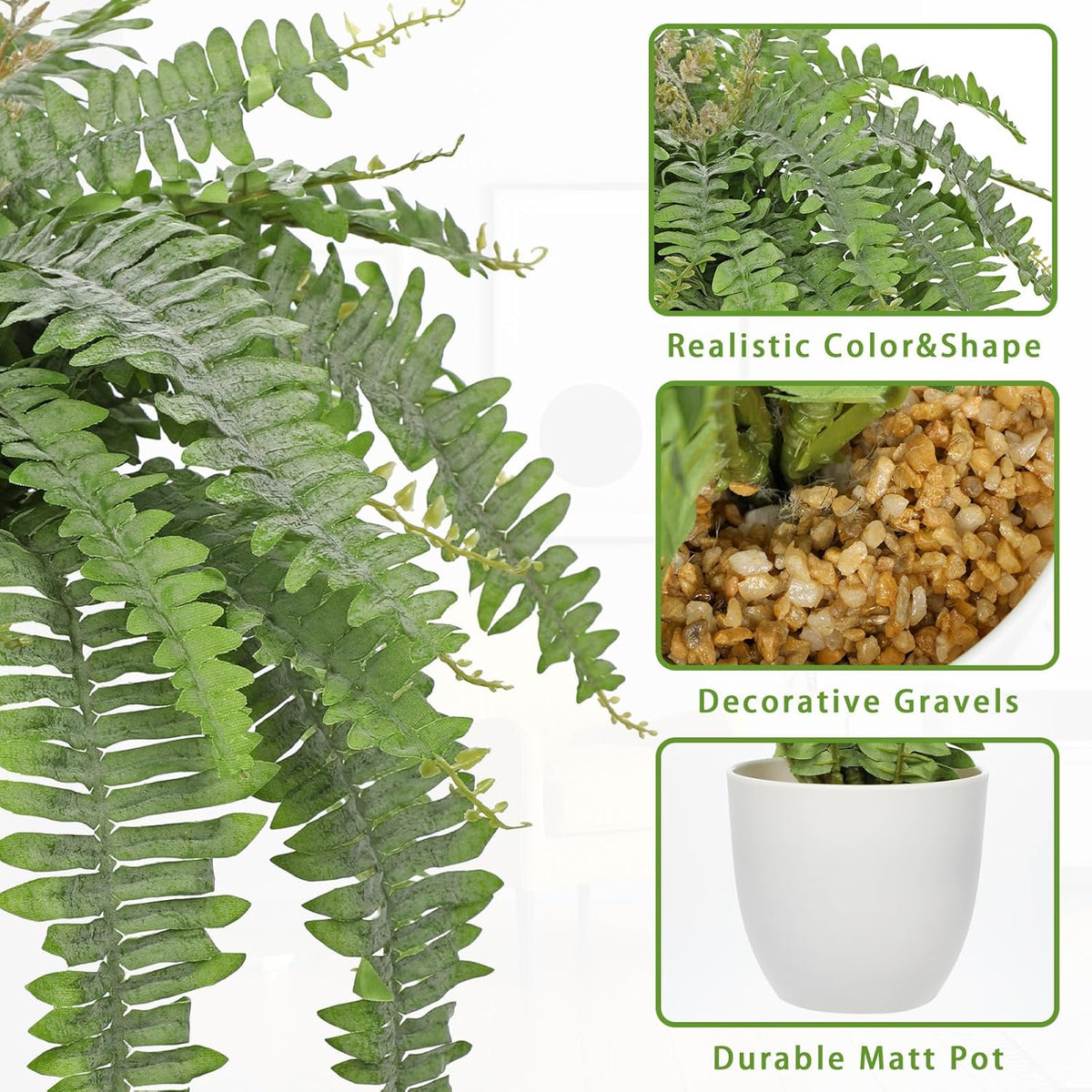 Hollyone Artificial Fern Plants in White Pot 25.5" Medium Artificial Boston Fern 31 Leaves for