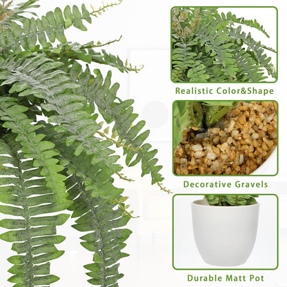 Hollyone Artificial Fern Plants in White Pot 25.5" Medium Artificial Boston Fern 31 Leaves for