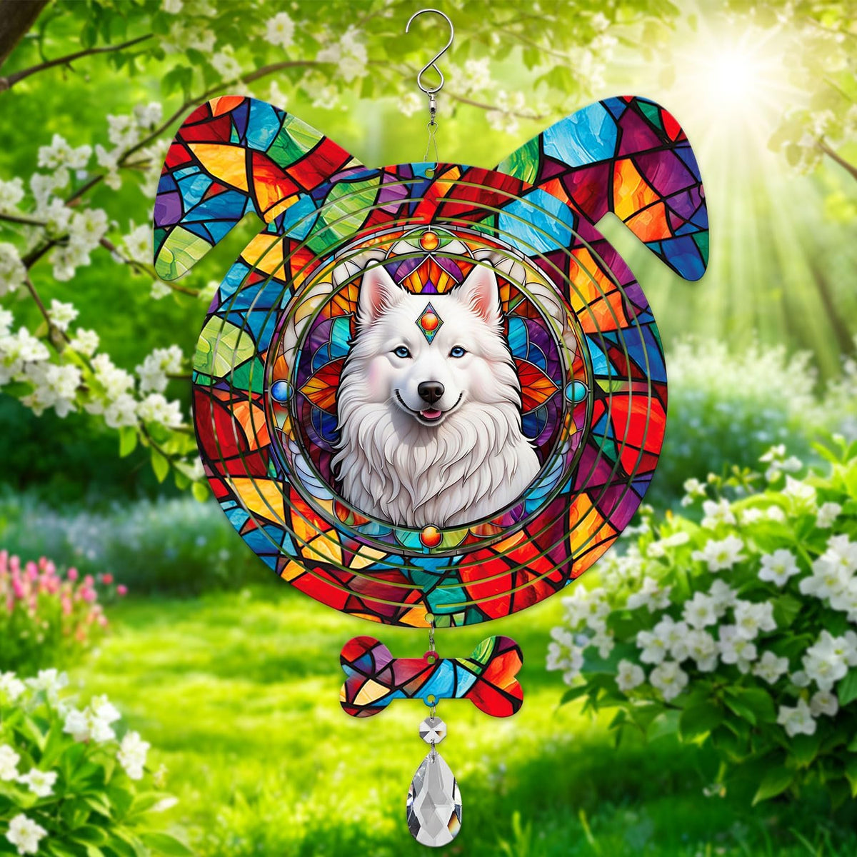 American Eskimo Dog Ears Wind Spinner, American Eskimo Wind Spinner Hanging for Yard and Garden