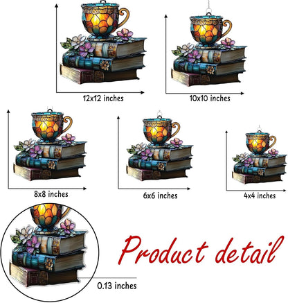 Bookish Teacup Acrylic Suncatcher Stained Glass Effect Window Car Hanging Christmas Ornament Indoor