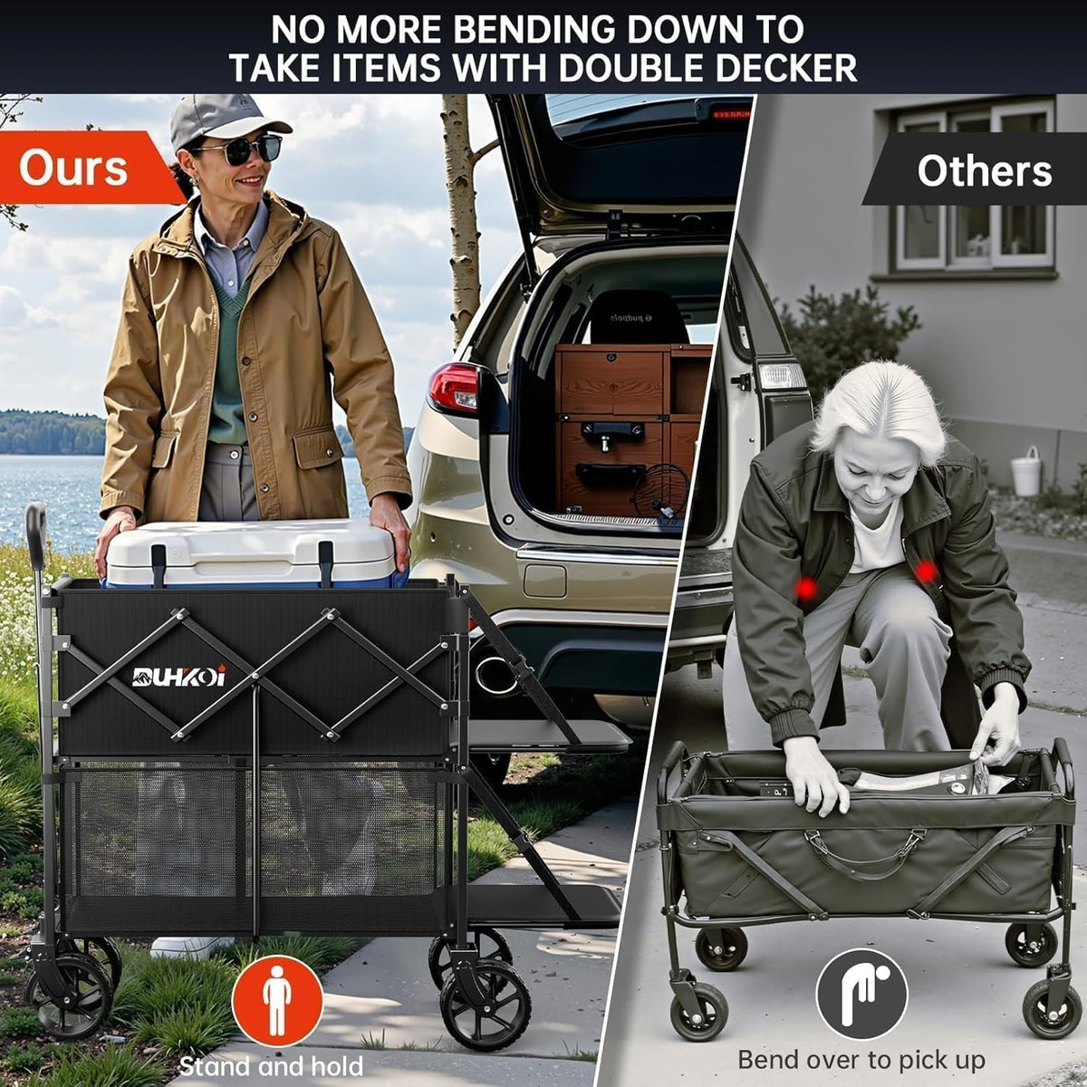 Double Decker Wagon 320L Large Capacity 400LBS Collapsible Sports Utility Cart with Big