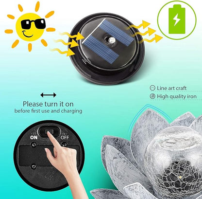 Huaxu Solar Lights Outdoor Garden, Crackle Globe Glass Lotus Decor, Waterproof LED Metal Flower