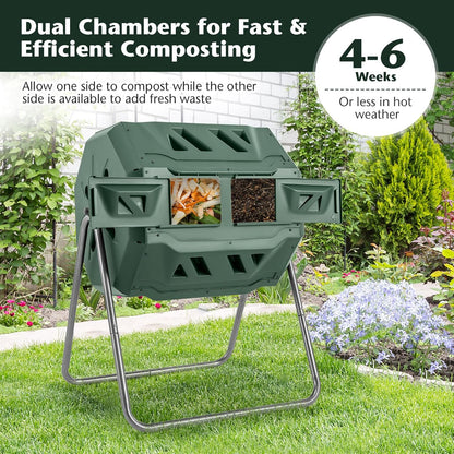 Goplus Compost Bin, Outdoor 42-Gal Dual Chamber Composting Tumbler w/2 Sliding Doors, Heavy-Duty