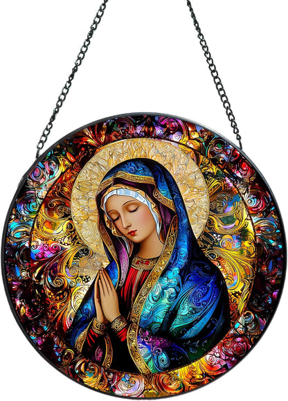 Suncatcher Stained Glass Window Hanging - Mother Mary Glass Panel with Metal Chain and Hooks