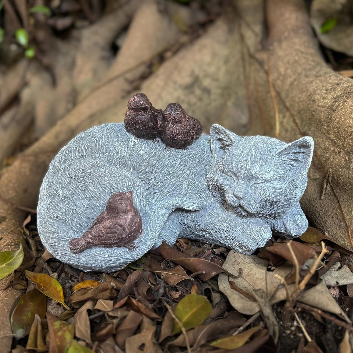 Cat Statue Outdoor Garden Decor - 11.4" Sparrows on Cat Figurine Memorial Grave Markers Garden