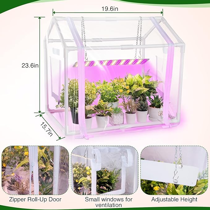 Meonum Mini Greenhouse with Grow Light for Indoor, 23.6 x15.7 x19.6 Tabletop Small Greenhouse Kit