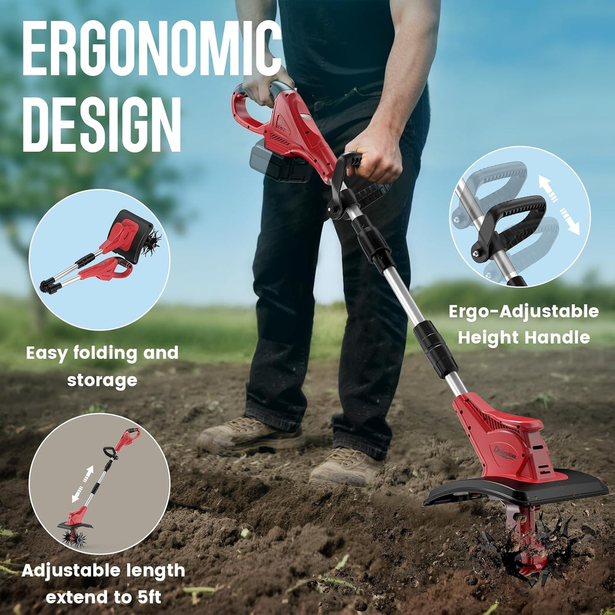 Cordless Tiller Cultivator Compatible with Milwaukee 18V Battery(Tool Only), Folding Electric