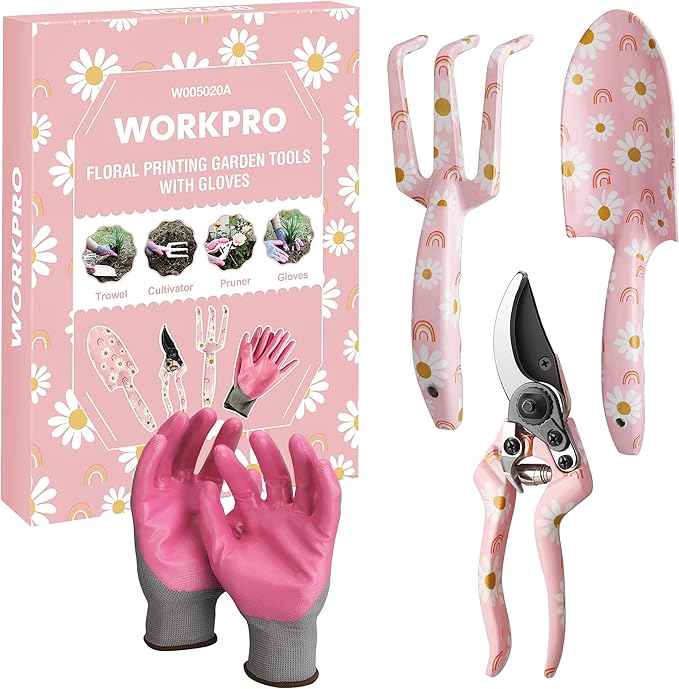 WORKPRO Aluminum Garden Tool Set, 4PCS Heavy Duty Gardening Tools with Box Include Trowel, Rake