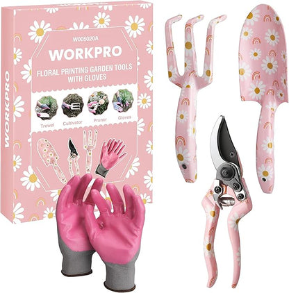 WORKPRO Aluminum Garden Tool Set, 4PCS Heavy Duty Gardening Tools with Box Include Trowel, Rake