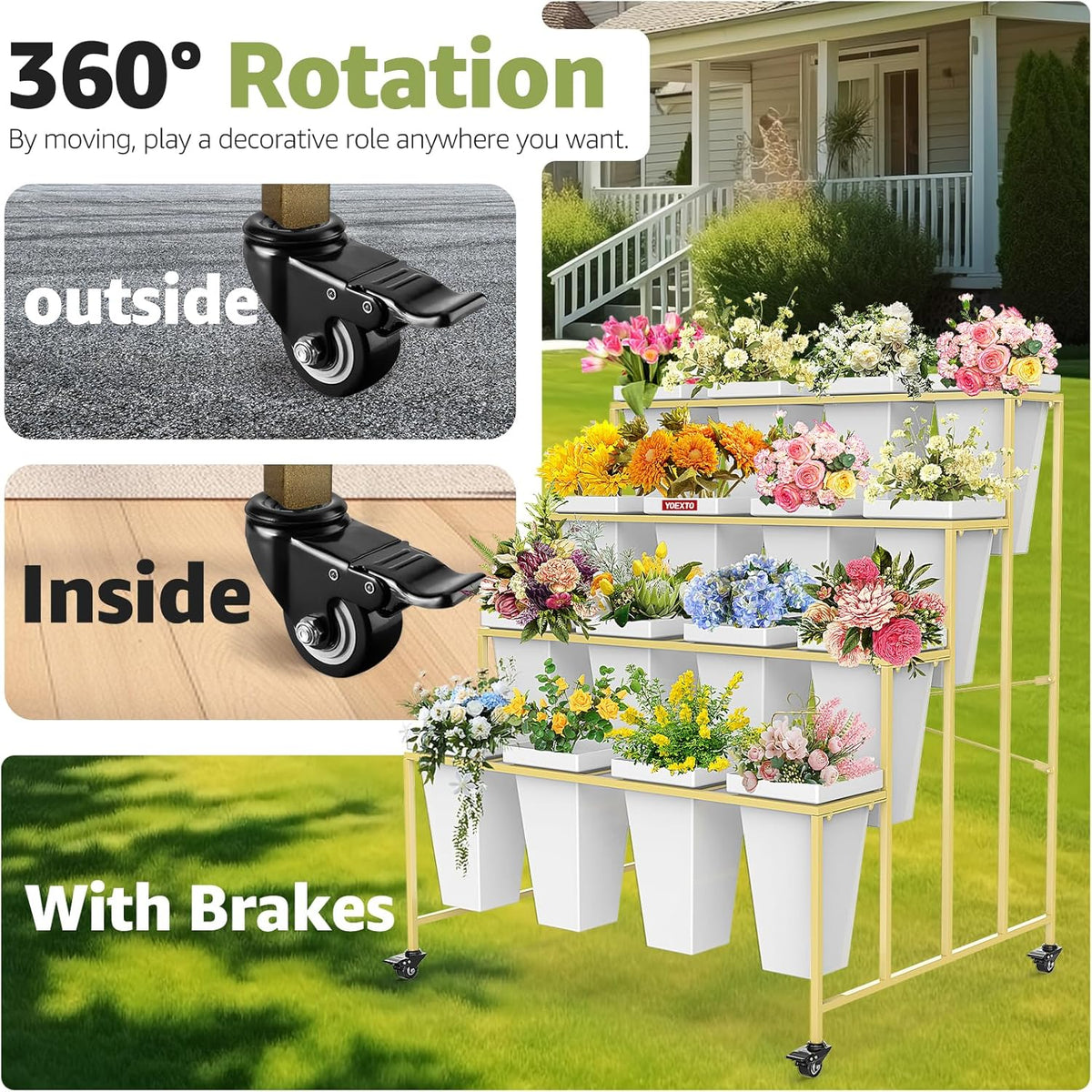 Flower Display Stand 4 Layers with 16 PCS Square Buckets, Plant Stand with Wheels, Movable Metal