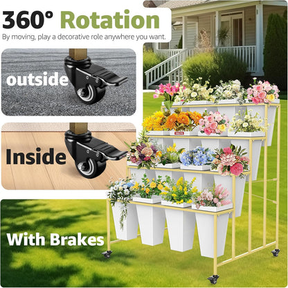 4 Layers Flower Display Stand with Buckets, 16 PCS Buckets Plant Stand with Wheels, Movable Metal