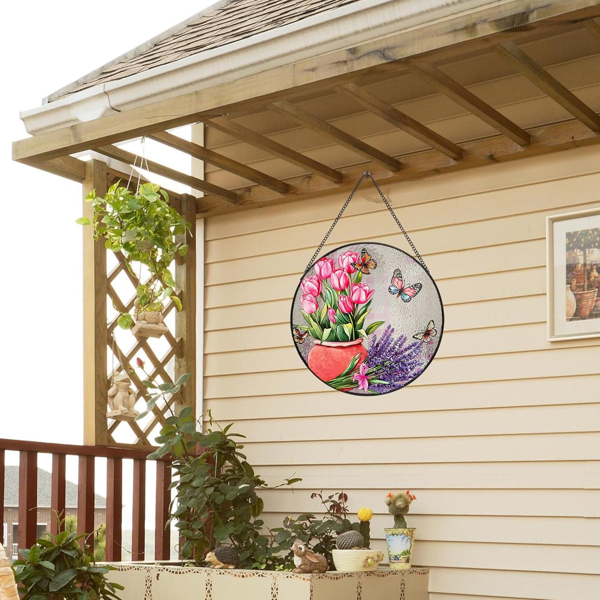 Stained Glass Window Hanging, 9.8'' Tulip Lavender Butterfly Sun Catcher Glass Panel for Window