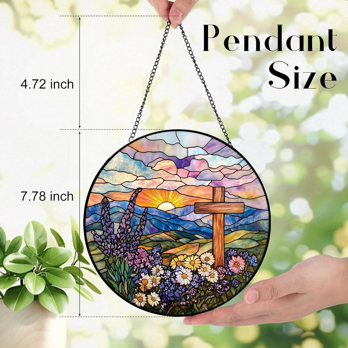 Wildflowers and Crosses Suncatcher -7.9 in Stained Glass Window Hanging Sun Catcher Garden Decor