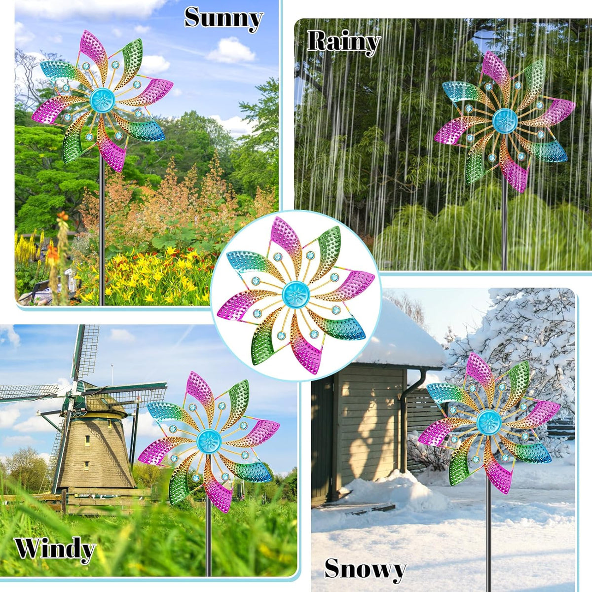 Colorful Outdoor Wind Spinner, Kinetic Small Garden Windmill with Stake, Geometric Metal Pinwheels