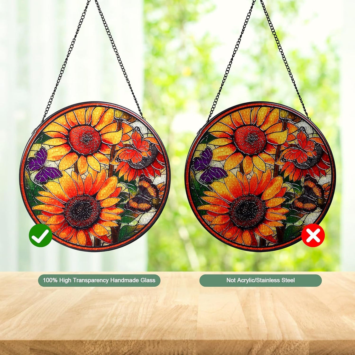 Sunflowers Handmade Stained Glass Window Hanging Suncatcher with Chain - 7.9" Outdoor/Indoor Art