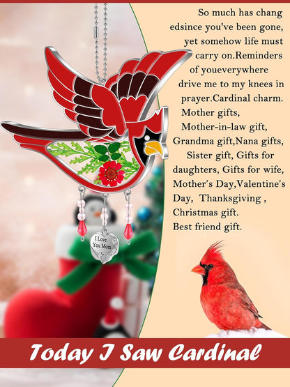 KY&BOSAM Cardinal Suncatcher Mom Gift Hand Painted Stained Glass for Window Hanging Wind Chime Real