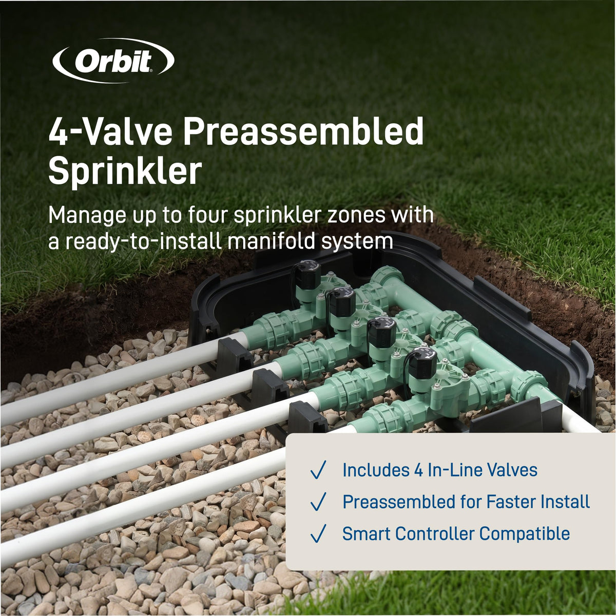 Orbit 57257 4-Valve Preassembled Sprinkler Manifold – Easy Install, Smart Controller Compatible