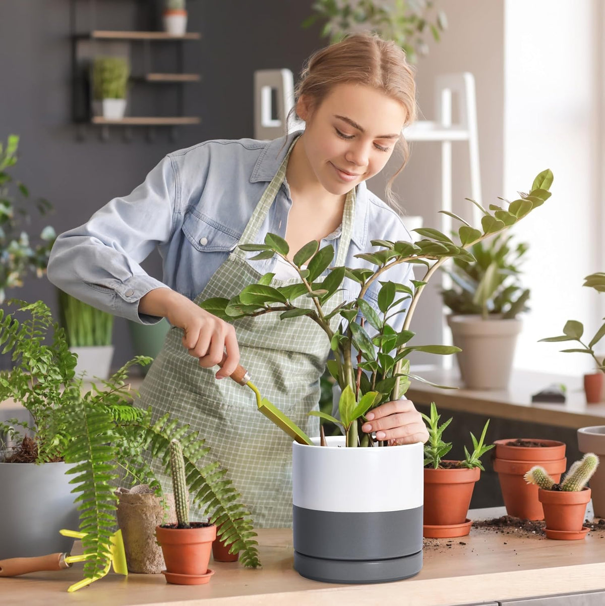 D'vine Dev Set of 2 Plants Pots, 8.2 Inch Ceramic Planter Pot for Plants with Drainage Hole and