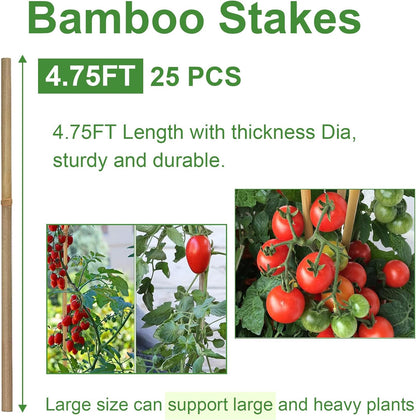 Bamboo Garden Stakes 57 Inch 25pcs, 1/2" Dia Plant Stakes 5ft Approx for Indoor Outdoor Plants