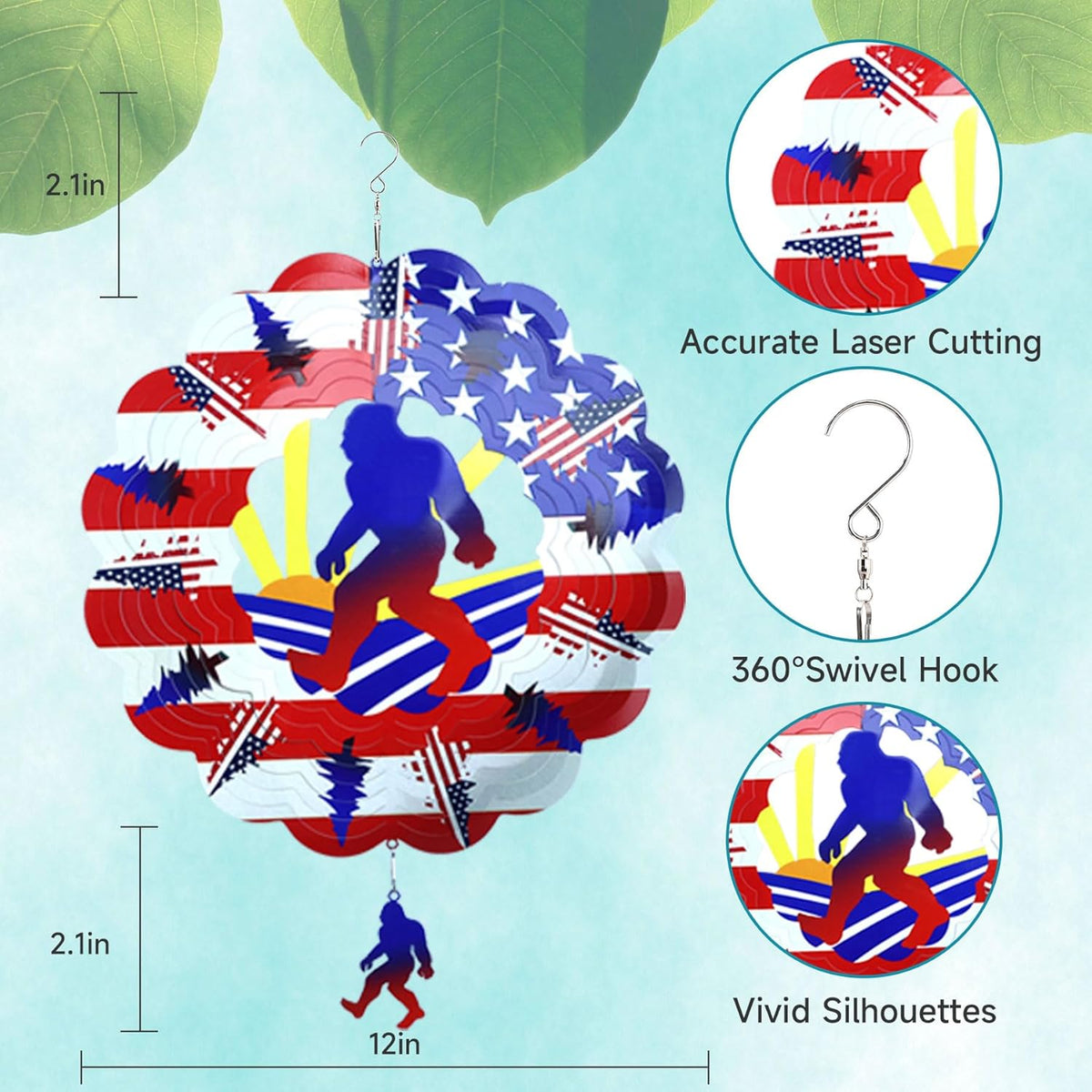 Bigfoot Wind Spinners Gift Patriotic Sasquatch Gifts for Women Men, 12 Inch Outdoor Metal 3D Wind