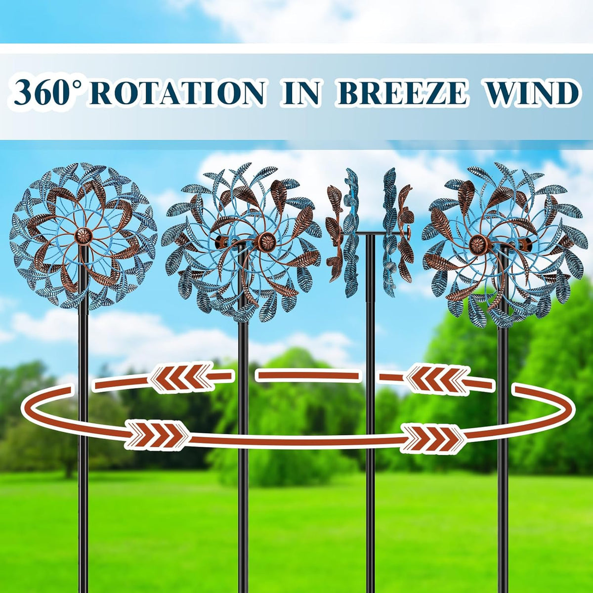 360° Wind Spinners Outdoor, Wind Sculptures Windmill with Metal Stake, Kinetic Large Metal Yard Art