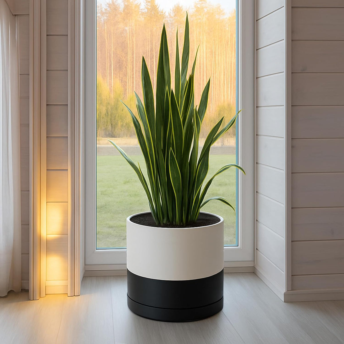 D'vine Dev 14 Inch Ceramic Planter Pot with Drainage Hole and Saucer, Indoor Cylinder Round Planter