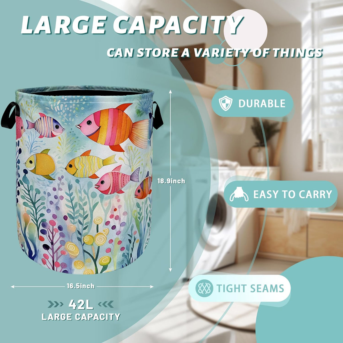 Watercolor Fish Laundry Basket Foldable With Handles Cute Fishes Tote Bag Oxford Cloth Colorful