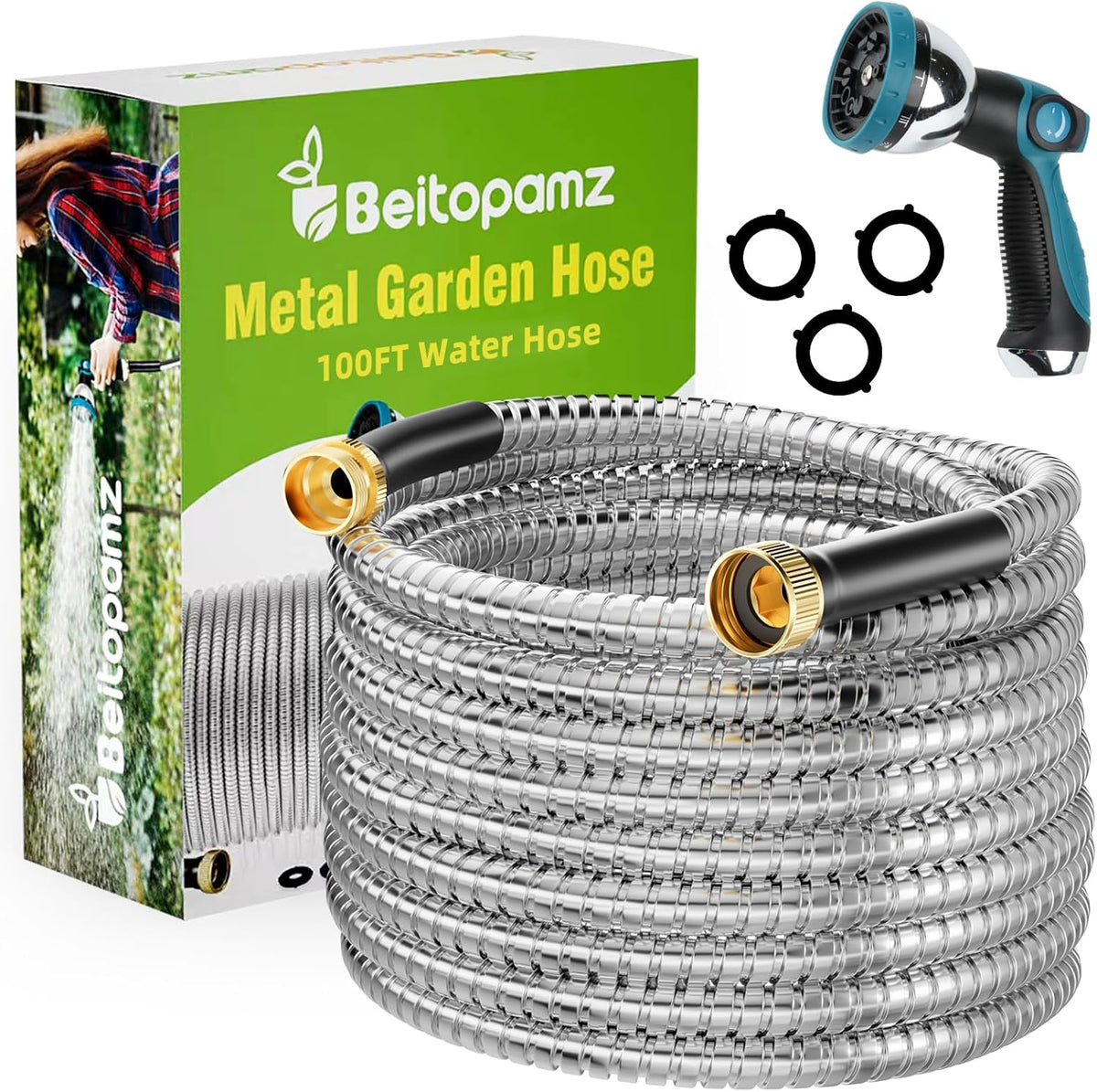 100 ft Garden Hose, Stainless Steel Metal Water Hose 100 Feet with Nozzle, Flexible, Rust Proof