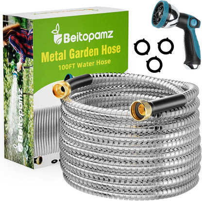 100 ft Garden Hose, Stainless Steel Metal Water Hose 100 Feet with Nozzle, Flexible, Rust Proof