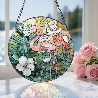 8″ Stained Glass Window Hanging Ornament, Flamingo Stained Glass Suncatcher Ornament, Sun-Catcher