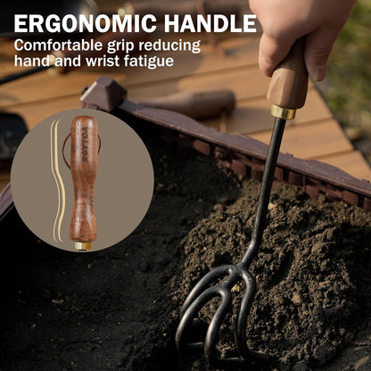 Hand Cultivator Rake, Ergonomic Small Garden Rake with Walnut Handle & 4 Durable Tines, Garden