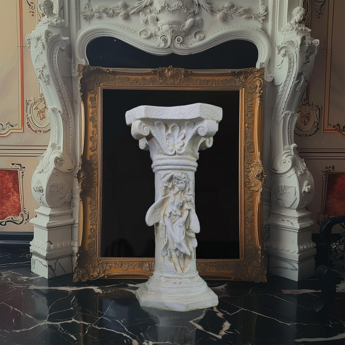 Vintage Weathered 21.3’’H Winged Angel Roman Column Statue Oxidized Magnesium Pedestal Base for