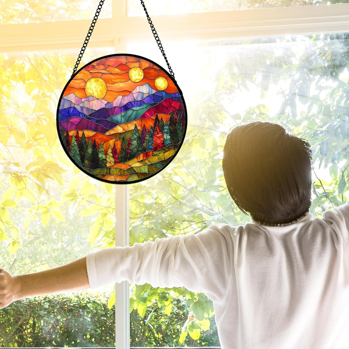 Stained Glass Window Hanging, Sunset Abstract Sun Catchers Colorful Glass Panel Landscape