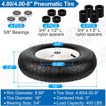 4.80/4.00-8" Wheelbarrow Tubed Tires and Wheels, 16" Universal Fit Pneumatic Tires with 3/4" or