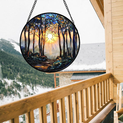 Stained Glass Window Hanging, Forest Sunrise Smoke Blue Brown Tree Suncatcher for Doors Window Home