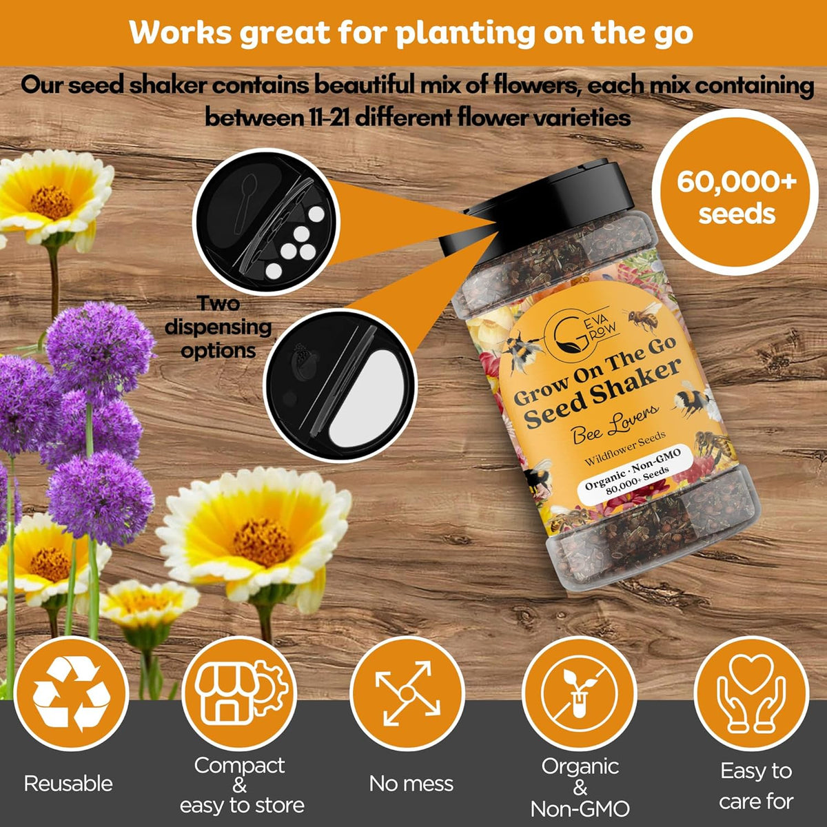 Mini Wildflower Seed Shaker - Save The Bees Seed Mix, by GevaGrow | 80,000+ Seeds | Pollinator &