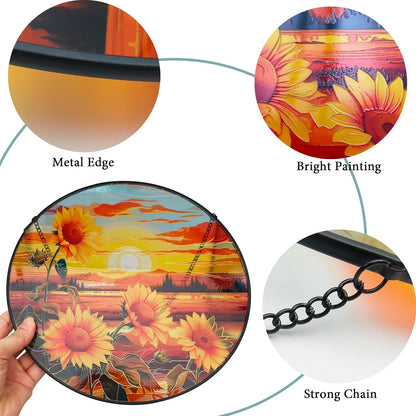 Sunflower Suncatcher Hanging Stained Glass Window Decor, Sunset Sun Catcher Wall Decor for Flower