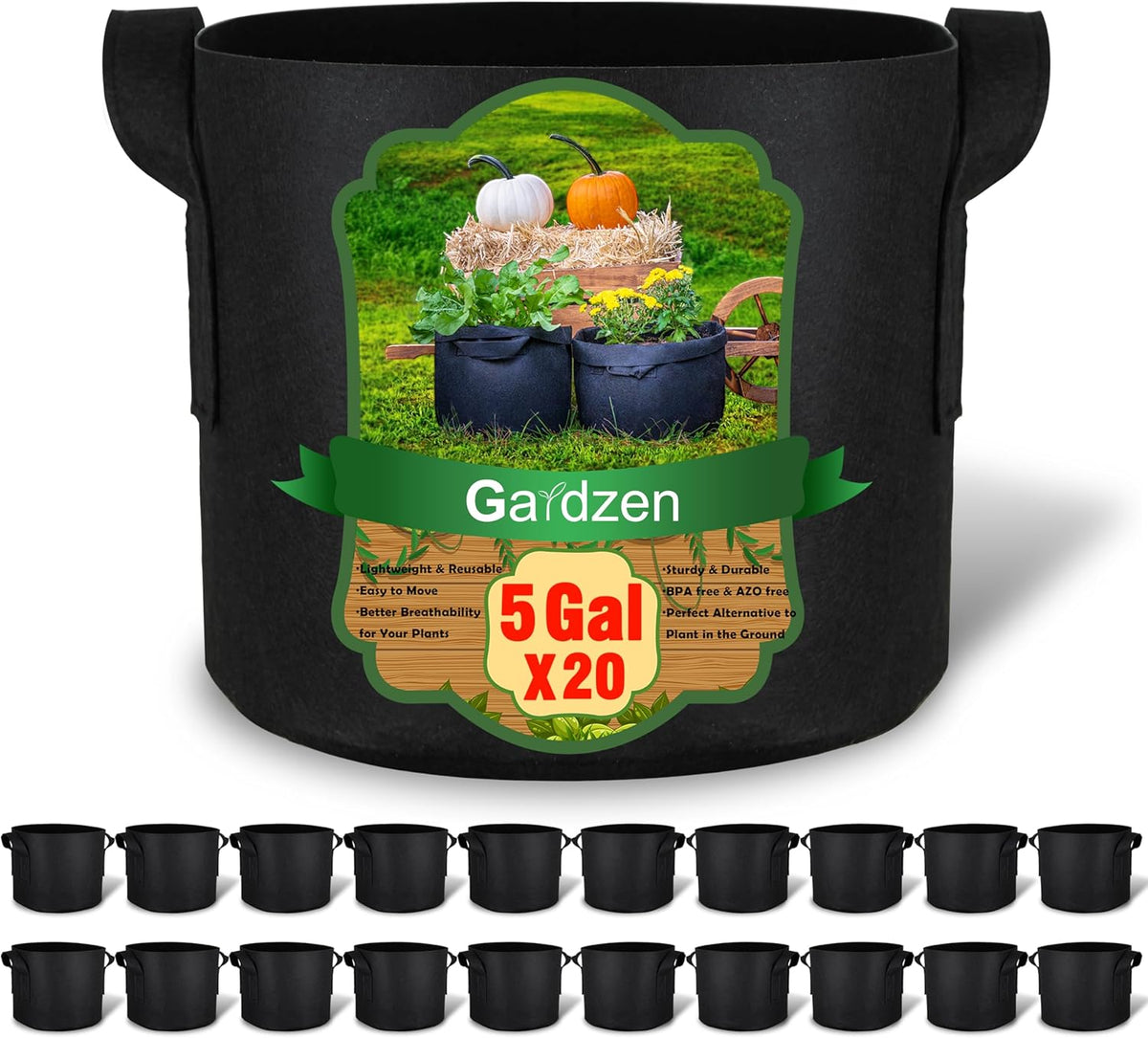Gardzen 20-Pack 5 Gallon Grow Bags, Aeration Fabric Pots with Handles, Heavy Duty Plant Bags for