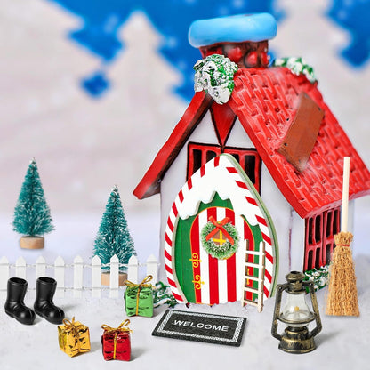 Haooryx Christmas Elf Garden Miniatures - 16Pcs Christmas Wooden Miniature Magic Fairy Doors