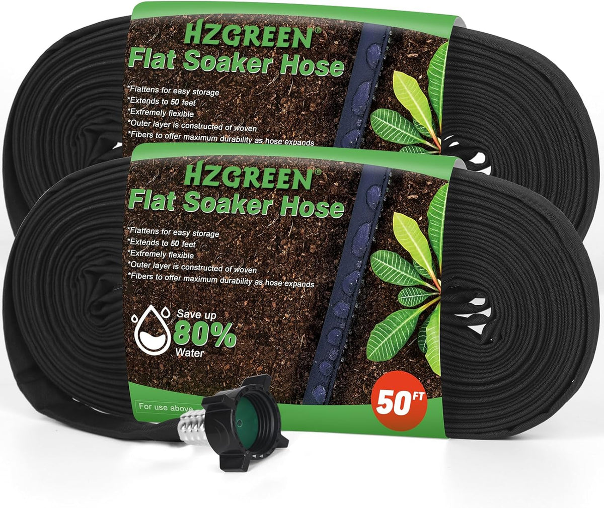Flat Soaker Hose 50FT x 2 PACK,Drip Hose for Garden Beds Linkable Irrigation System Lightweight and