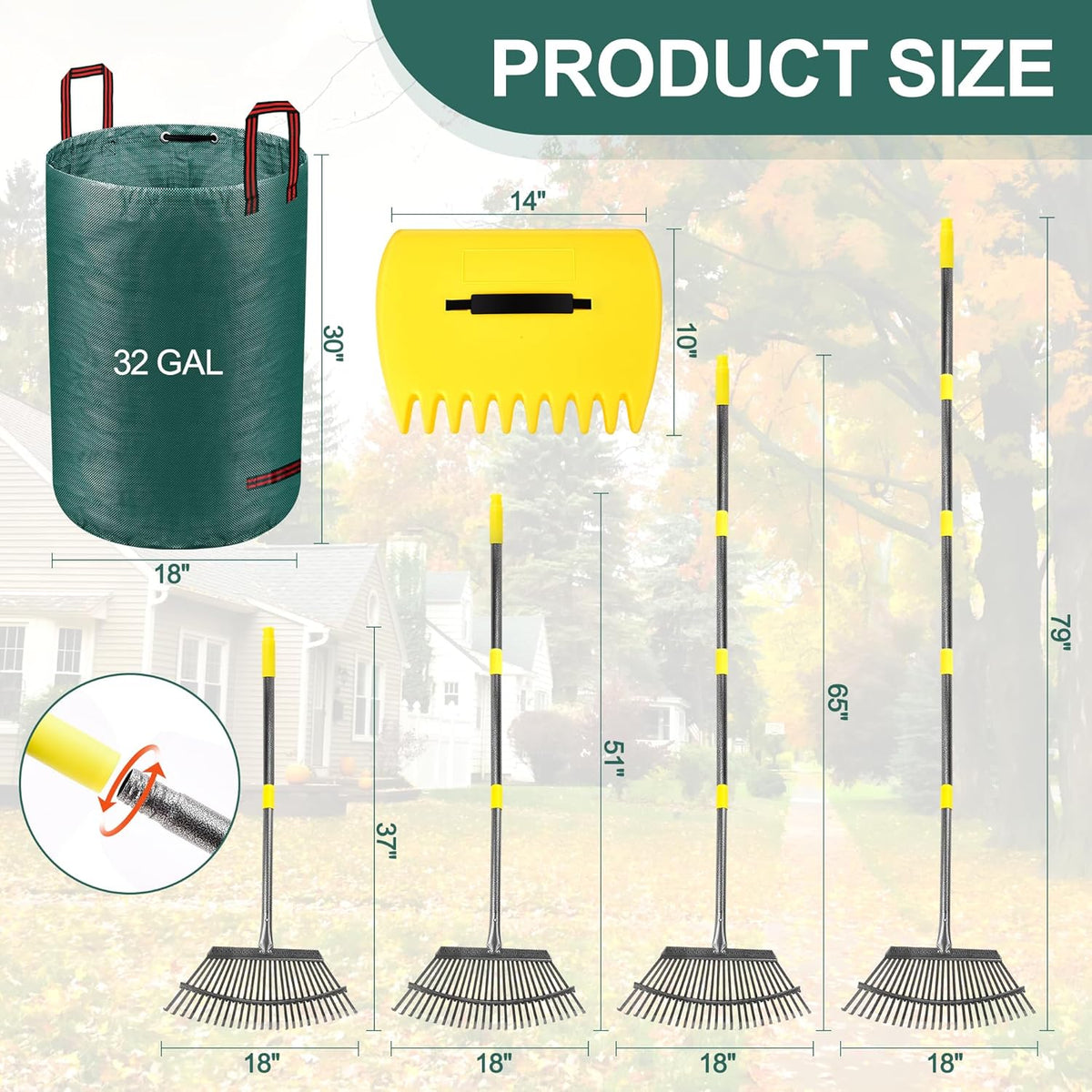 Adjustable Garden Leaf Rake Set, 18" Wide, 25 Tines, 37-79" Handle Metal Leaf Rake with 2 Pack 32