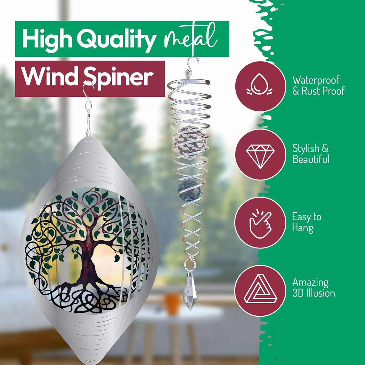 ISEO Tree of Life Wind Spinner for Yard and Garden with Gazing Ball Set, Hanging Outdoor Decor