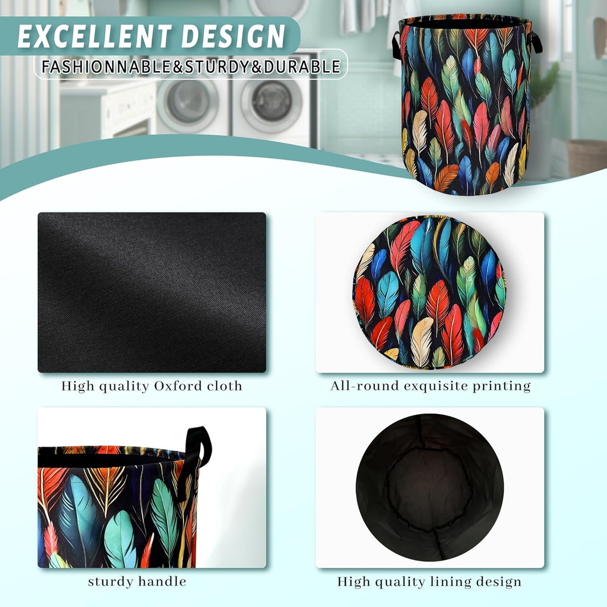 Feathers Laundry Basket Foldable With Handles Funny Tote Bag Oxford Cloth Colorful Feather Laundry
