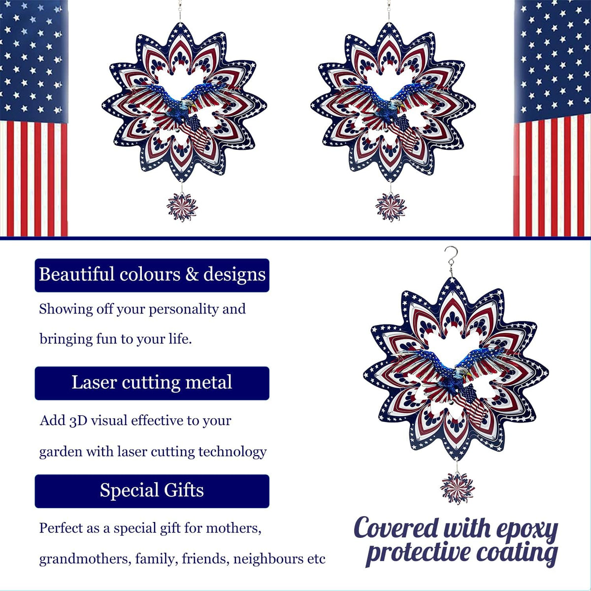 Eagle Wind Spinners for Yard and Garden,Wind Spinner Hanging,3D Metal Wind Catchers,12in American