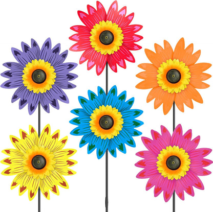 6PCS Sunflower Wind Spinners with Stakes 14" W x 29" H Wind Spinners Lawn Pinwheel Sunflower