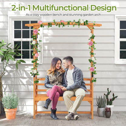 Giantex Garden Arch Trellis with Bench - 63''W x 79''H Wooden Arbor with 2-Person Outdoor Bench