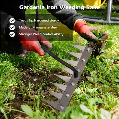 Iron Weeding Rake 2.0, New 5/6/7/8 Teeth Carbon Steel Garden Weeder Rakes, Weeder Puller Tool for