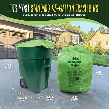 50-55 Gallon Compostable Trash Bags Flat-Top 12 Bags Heavy Duty 1.57 Mil 208.2 Liter Large Lawn and